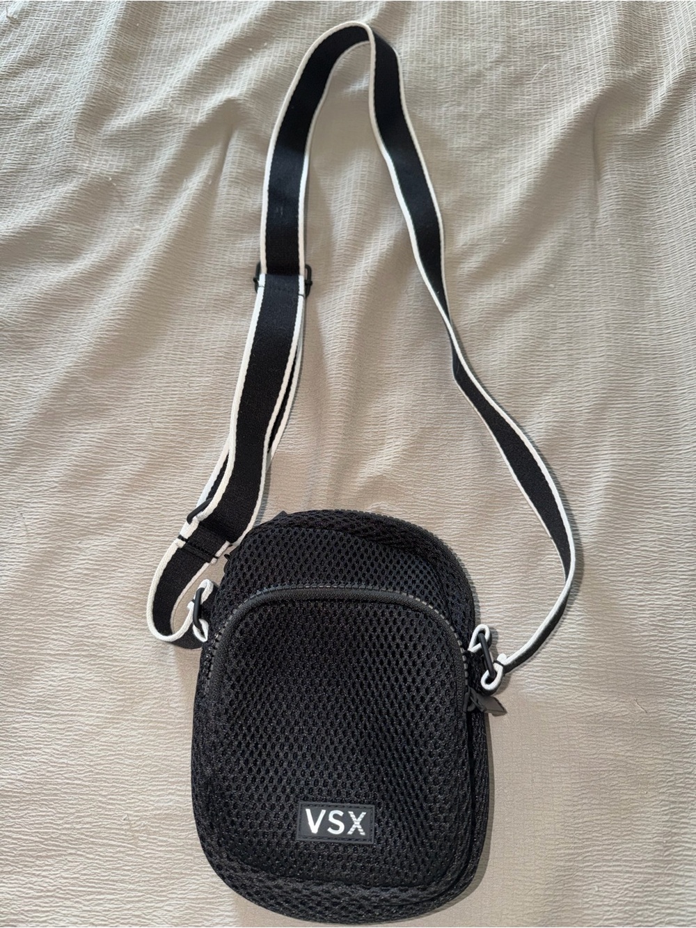 VSX Black Mesh Crossbody Shoulder Bag with Striped Strap